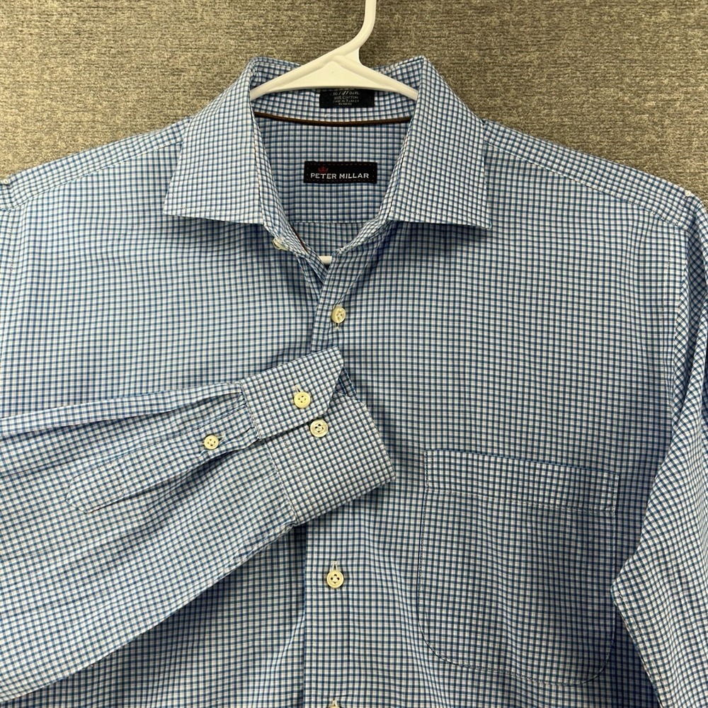 Peter Millar Dress Shirt Men Size 16 Blue Check Long Sleeve Button Up